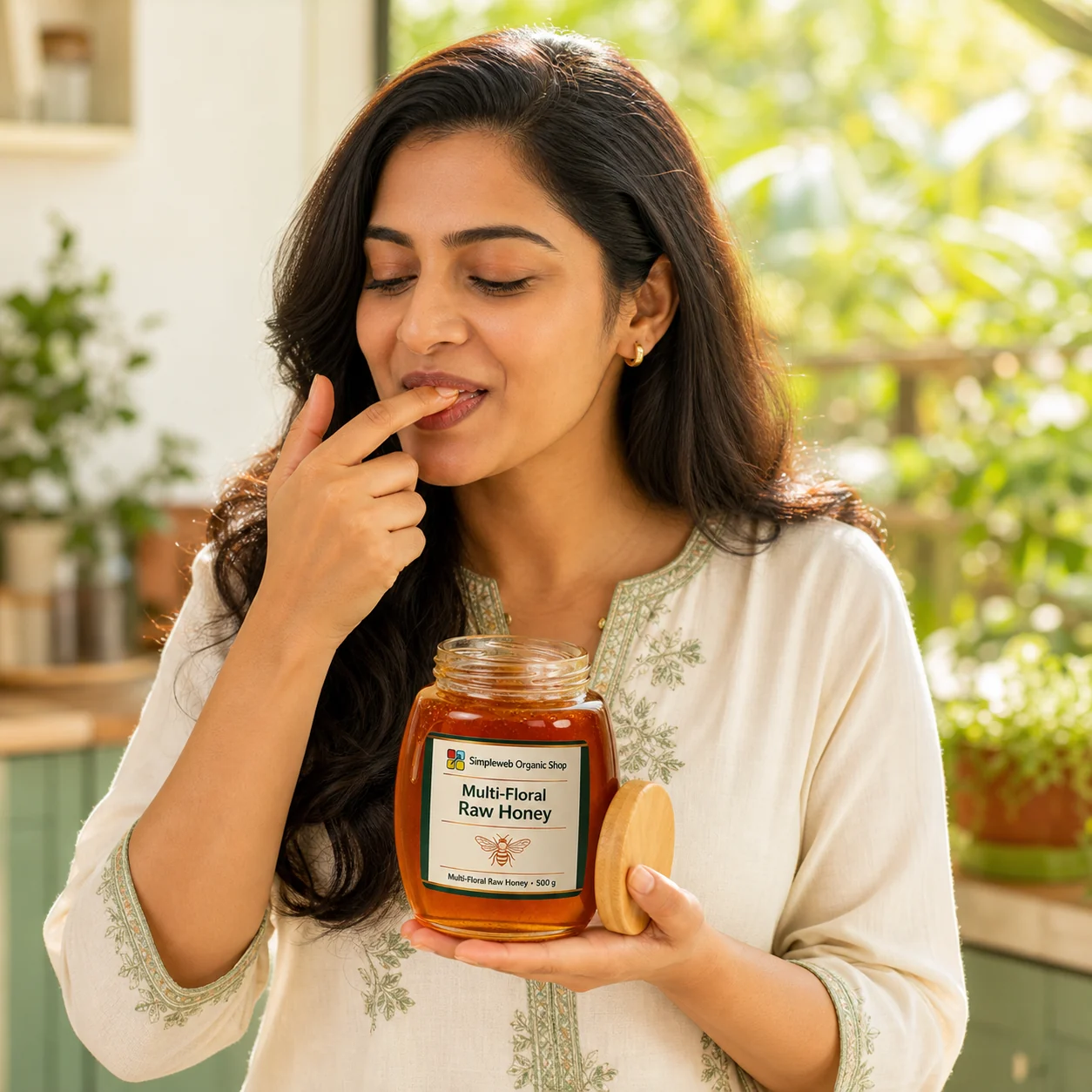 Indian woman enjoying multi-floral raw honey from WPCAFE Organic Shop